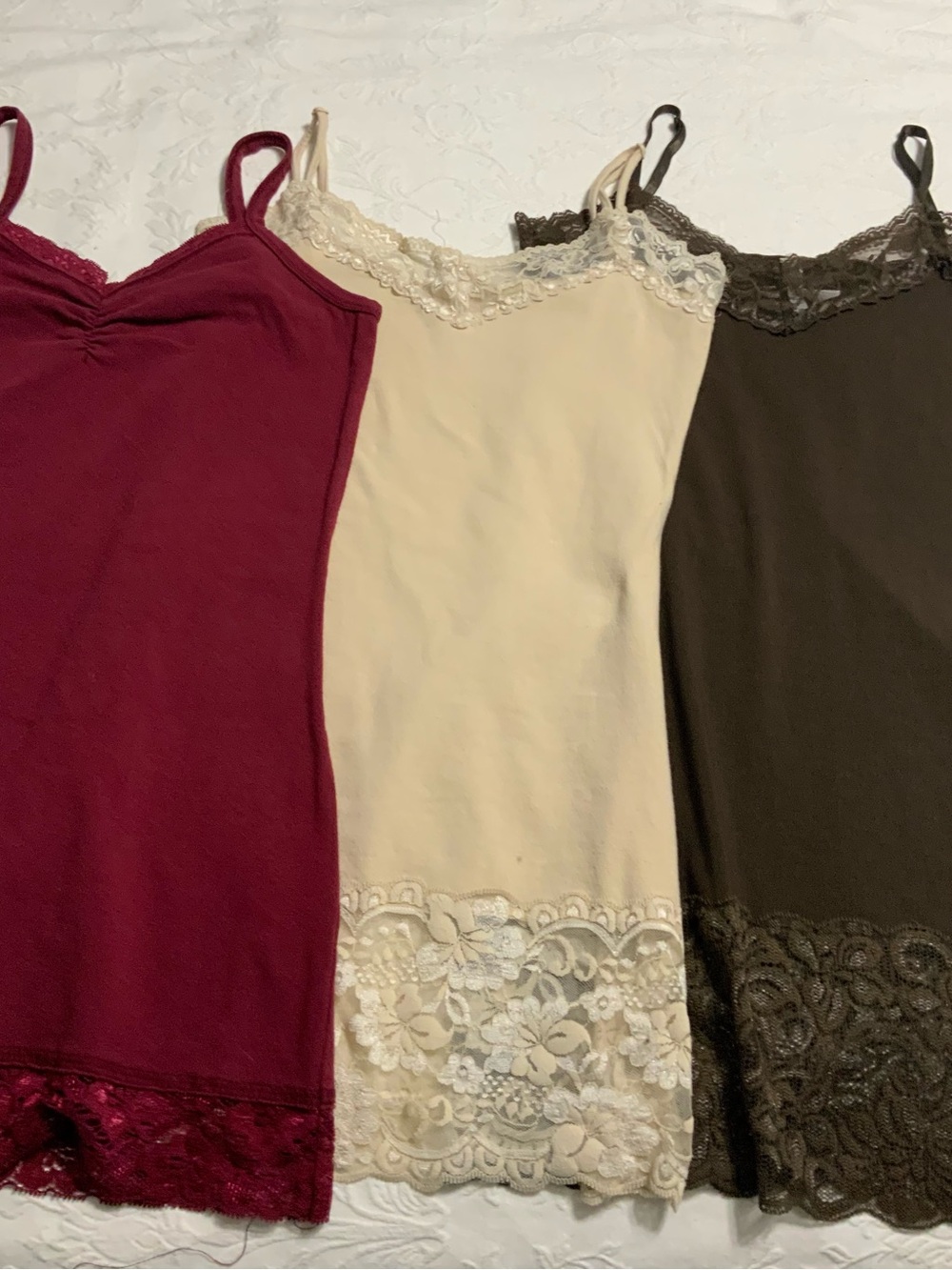 Bundle of 3 Women's Lace-Trim Cami Tank Top - Burgundy, Cream, Brown,